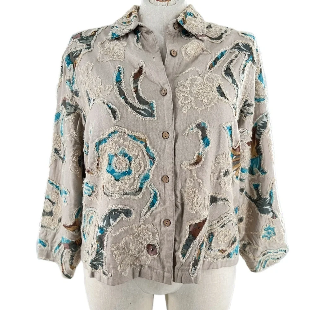 Coldwater Creek blazer size 16 tan blue embroidered floral coastal granny - Picture 9 of 9